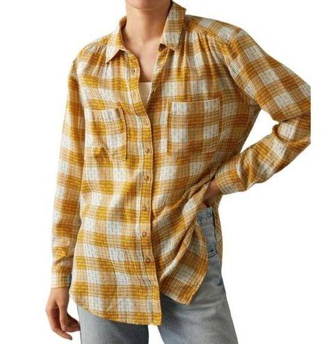 Pilcro  Anthropologie Blouse Womens S Yellow Plaid Blue Stitched Button Up Shirt