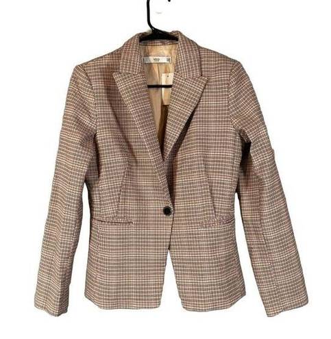 Mango MNG by  Pink Plaid Classic One Button Collared Career Blazer Women Sz 4