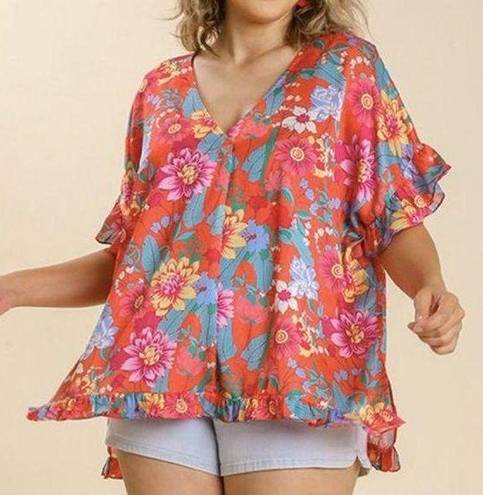 Umgee  Tangerine & Pink Floral Ruffle-Trim V-Neck Top