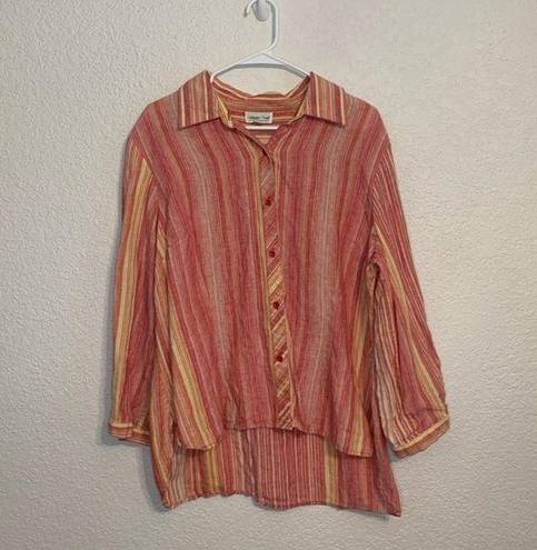 Coldwater Creek -Orange Peach Yellow Striped Long Sleeve Linen Button Top XL