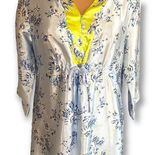 Oscar de la Renta  Pink Label Housedress Robe Reflective Blue Chartreuse Floral