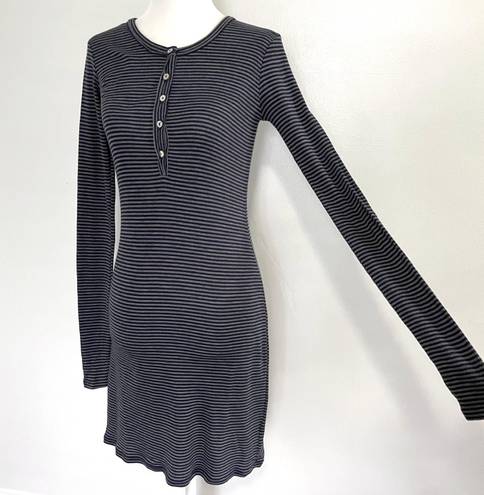 LA Made New  Striped Ribbed Knit Long Sleeve Henley Mini Dress Navy Grey