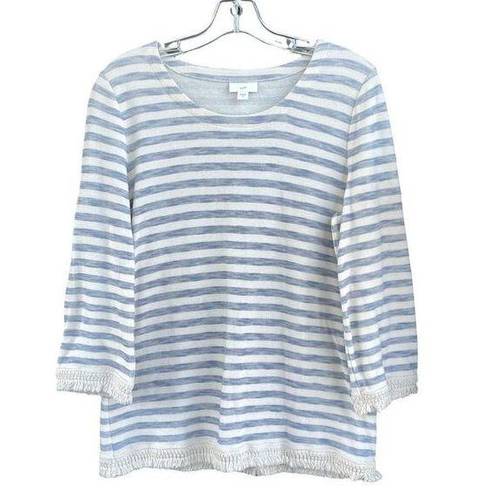 J.Jill  Long Sleeve White Blue Striped Fringe Shirt Size Small