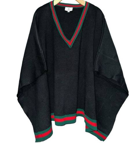Tuckernuck  One Size Black Red Green Stripe Camden V Neck Sweater Knit Poncho