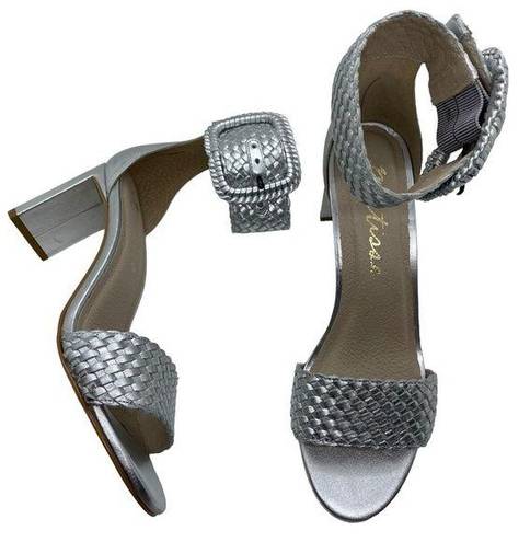 Matisse Footwear Matisse New Hope Woven Leather Sandal Silver Metallic Heeled Sandals, size 7