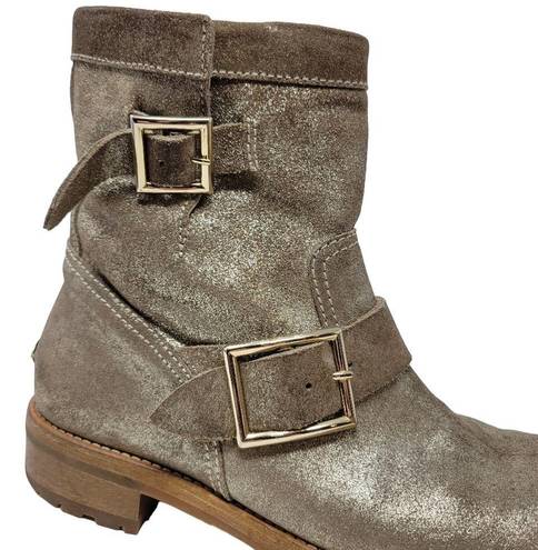 Jimmy Choo  Metallic Suede Youth Biker Boots Buckles Gold Sparkle Shoes Size 36