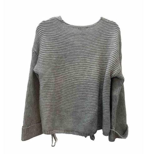 Umgee  Gray ‘All Laced Up’ Oversized Ribbed Sweater Tie Sides Vneck Size Large Q