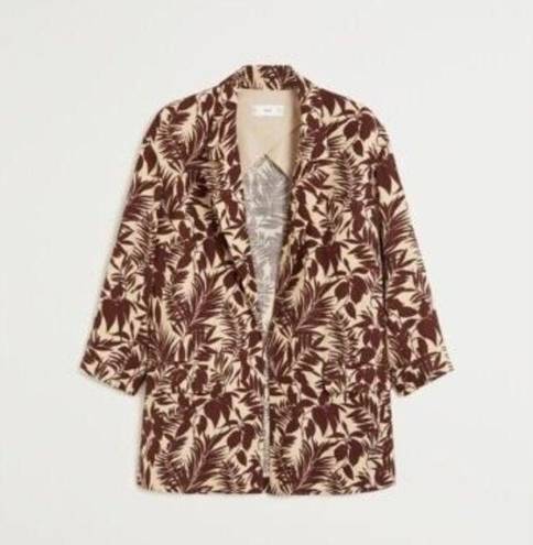 Mango  Women Notch Collar Long Sleeves Tropic Print Linen Blazer, Beige Brown XS