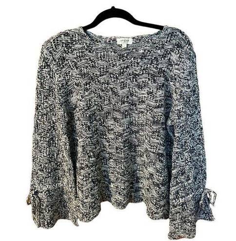 Umgee  Navy White Bow Flare Sleeve Open Knit Wave Hem Sweater