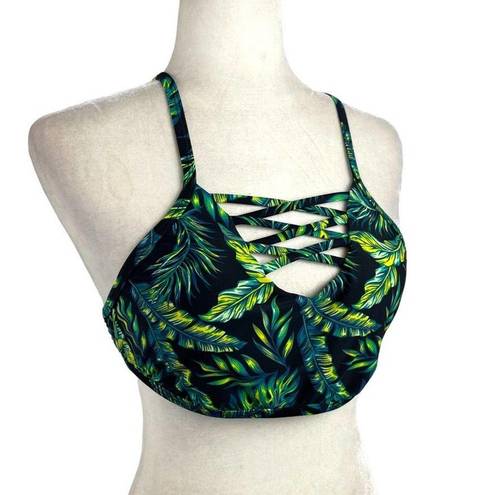 Cabana Del Sol  Palm Leaf Tropical Criss Cross Bikini Top Medium Green