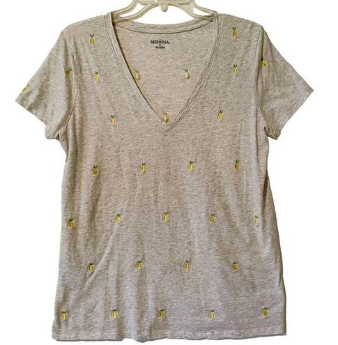 Merona  Pineapple Embroidered V-Neck T-Shirt Heather Grey / Yellow / Green XL