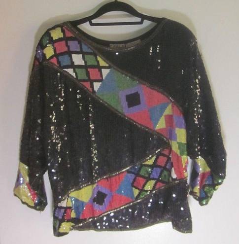 Scala  Vintage Sequin Top Womens Size L Long Dolman Sleeve Blouse Silk Colorful