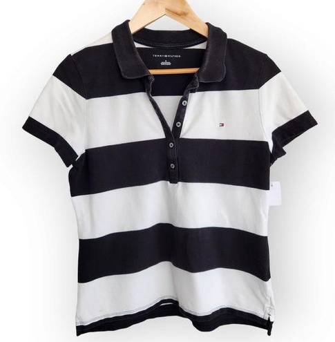 Tommy Hilfiger  Polo Shirt Black White Striped Collared Classic Polo Shirt M