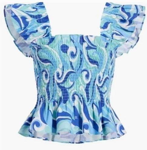 Hill House  The Paz Cropped Smocked Nap Top in Ocean Kaleidoscope Size M NWT