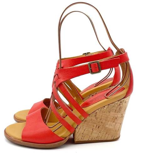 Kork-Ease  Adelaide Corallo Leather Strappy Wedge Sandal Tomato Red Orange Size 8