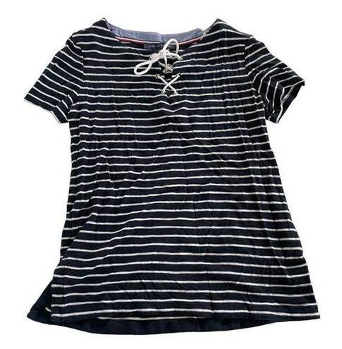 Tommy Hilfiger  Shirt Womens Small Black White Stripe Short Sleeve Lace-Up Cotton