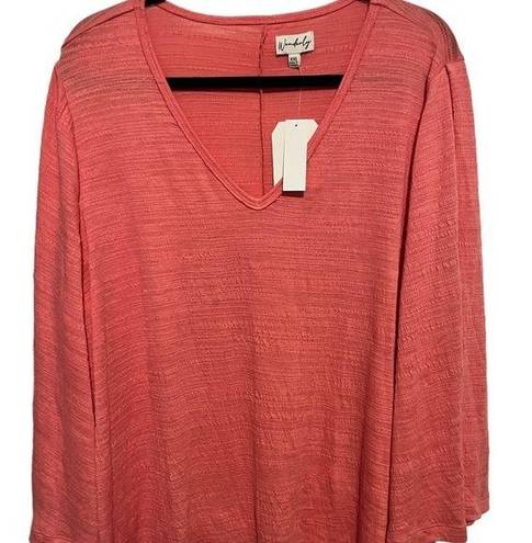 Wonderly  Flare Sleeve V- Neck Top, Coral,size xxl