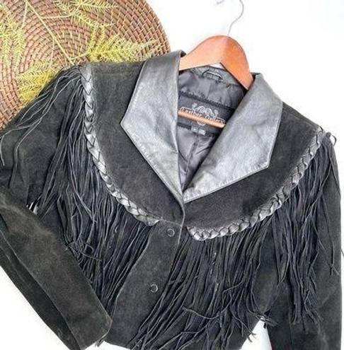 Gallery VTG Leather  Womens Jacket Black Suede Fringe Tassel Crop Boho Medium