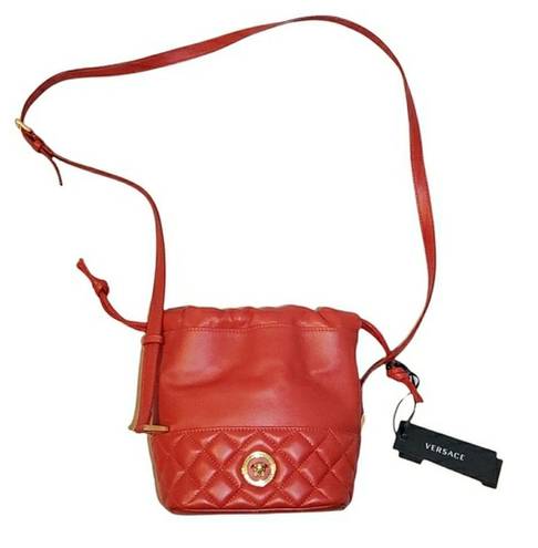 Versace  Crossbody Bucket Mini Purse Red Lambskin Leather Medusa Head Medallion