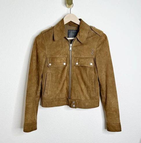 All Saints Emery Brown Suede Goat Leather Cropped Collared Shirt Jacket US 2