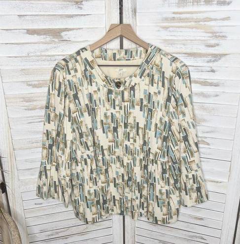 J.Jill  Women's XL Silk Pleated Crop Blazer Jacket Abstract Print Ivory Blue