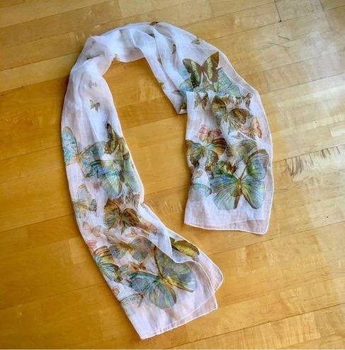 Ecru Butterfly Print Sheer, Lightweight Scarf, Ivory, Cream, , Colorful