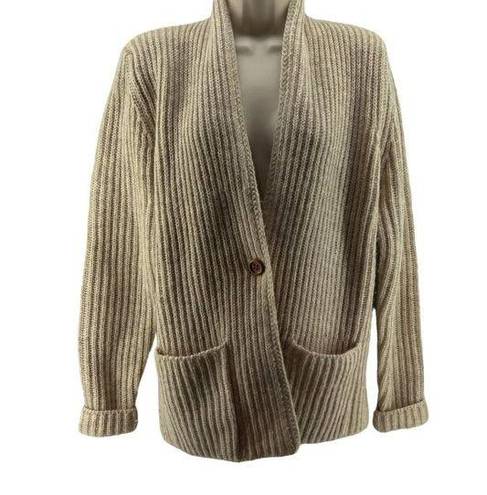 L.L.Bean  Vintage Shetland Wool Cardigan Single Button Ribbed Knit Beige Size Med