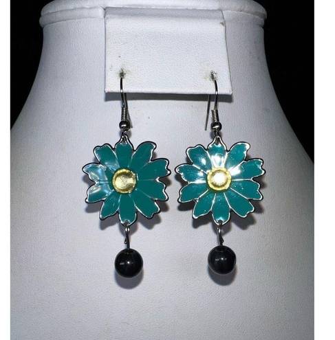 Daisy Vintage Enameled and Rhinestone Bead  Dangle Earrings