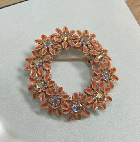 Petal Pink enamel  floral wreath brooch with clear rhinestone