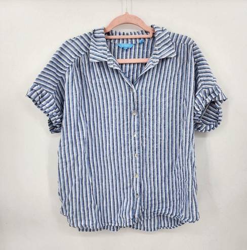 Draper James  Linen Blend Striped Roll Sleeve Women Large Button Front Top