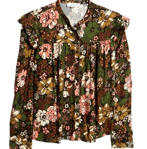 Treasure & Bond  Floral Print Flower Ruffle Frill Trim Button Long Sleeve Shirt