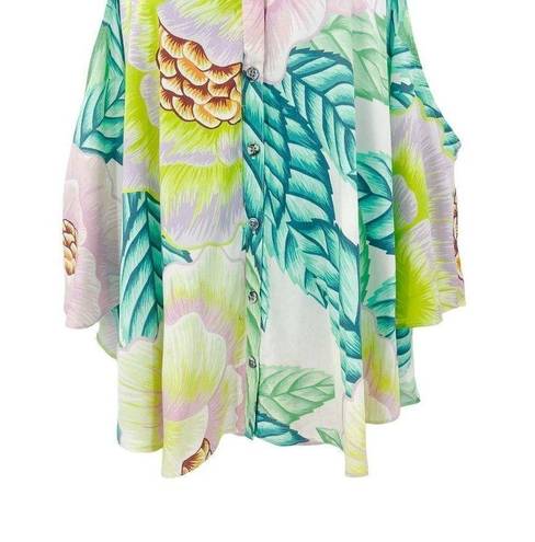 Mara Hoffman  Tropical Print Pastel Cold Shoulder Button Up Collared Shirt Top