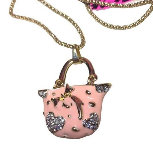 Betsey Johnson NWT  Pink with Clear Rhinestone Puruse Gold Tone Necklace