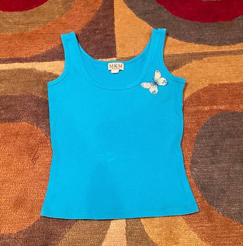 MKM Designs Aqua Blue y2k 90’s Vintage Retro Ribbed Tank Top Butterfly Sequins Small