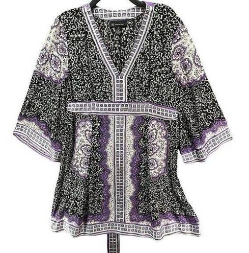 INC  Kimono Dress Womens 14 Purple Black Paisley Silk Chiffon Tie Belt Festival