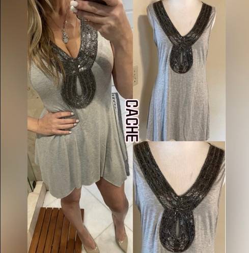 Cache NEW  Gray Curved Hem Beaded V Neck Tank Top Size S