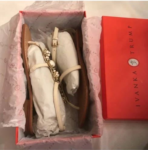 Ivanka Trump  Pepin Ivory Leather Sandals with Bead Embellishment