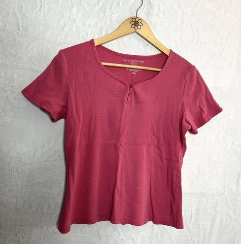 Petite Sophisticate Pink Ribbed Button Short Sleeve Tee