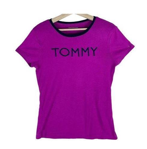 Tommy Hilfiger  T-Shirt Womens Size L Purple Brand Print Logo Round Neck Knit