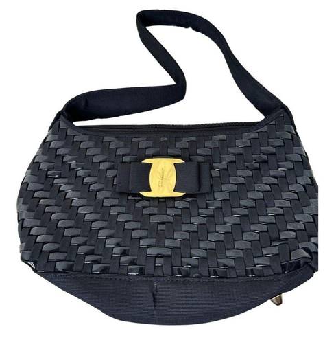 Salvatore Ferragamo  Black Woven Patent Shoulder Bag