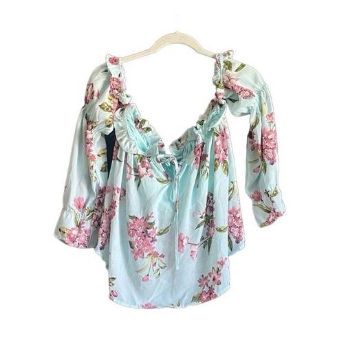 Peach Love California NWT Peach Love Blue Floral Cold Shoulder Cropped Blouse. Size Small.