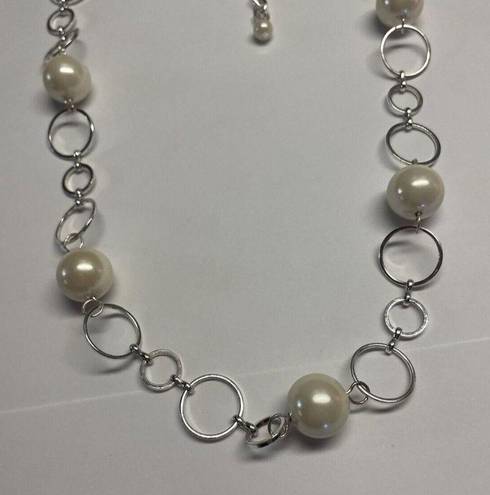 Talbots Signed  Faux Pearl Silver Tone Bead Statement Costume Necklace