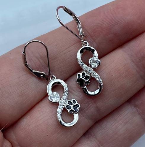 infinity Pet Paw  Sterling Silver CZ Heart Earrings Lever Back