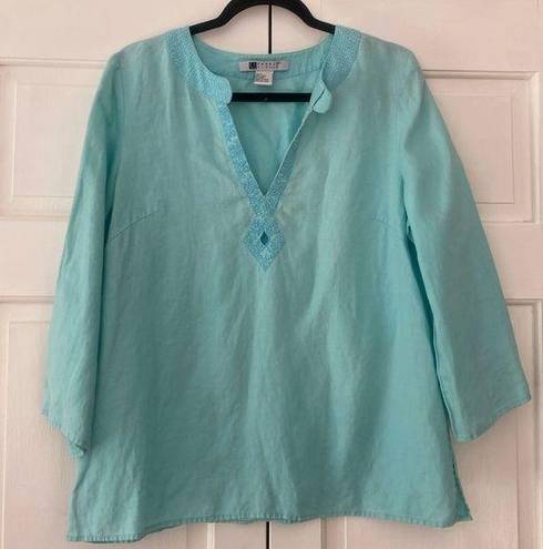 Carole Little  Linen Blue Beaded Three Quarter Sleeve Blouse Size Large