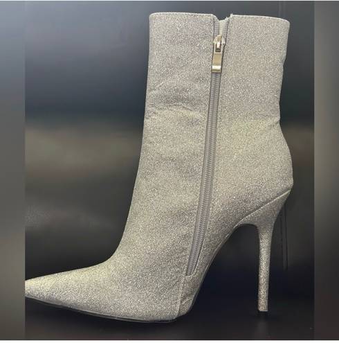 EGO DEVOTED POINTED TOE STILETTO HEEL ANKLE BOOT IN SILVER GLITTER