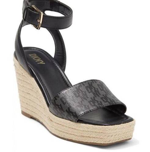DKNY  Sandals Womens Size 5 Black Ankle Strap Espadrille Open Toe Wedges New