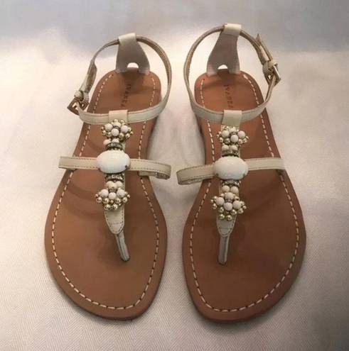 Ivanka Trump  Pepin Ivory Leather Sandals with Bead Embellishment