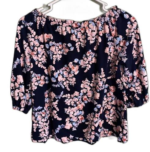 J.Jill  Black, Blue, & Pink Floral Elastic Sleeve Blouse Size Small Petite