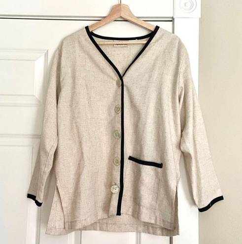 Kathie Lee Collection Beige and Black Linen-Type Button Up Cardigan