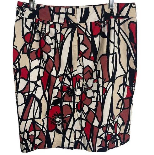 Ann Taylor  Floral Red, Black, & Tan, Stained Glass Print Pencil Skirt Size 12